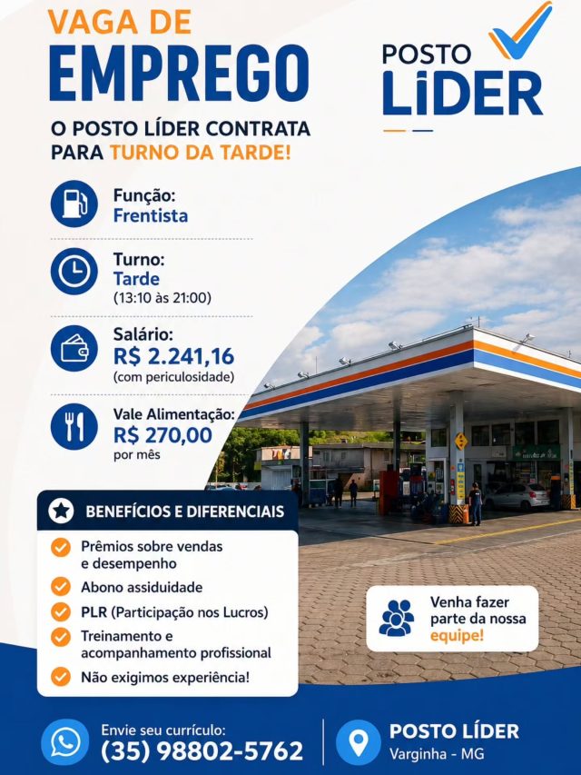 ✅Venha trabalhar conosco! Envie hoje mesmo seu currículo no Whatsapp indicado!
📌Posto Líder fica no trevo de saída de Varginha para Três Pontas (antigo posto Geraldo Lima).
🚀Empresa com 23 anos de tradição.
