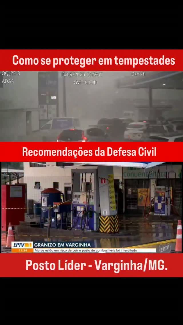⚠️ Proteja-se "com segurança" nessas tempestades. Recomendações valiosas da Defesa Civil de Varginha/MG. 

📍 Imagens reais da chuva de granizo que nos atingiu no dia 15/09/26, captadas pela câmera do Completão, nosso caminhão-tanque. 

✅ Felizmente incidente sem vítimas, graças à rápida dispersão promovida pela equipe de posto. 

🚸 Caiu granizo, fuja de estruturas metálicas, principalmente de postos de combustíveis! Vidas valem mais que qualquer bem material.

Créditos e agradecimentos da reportagem: EPTV/G1 Sul de Minas.