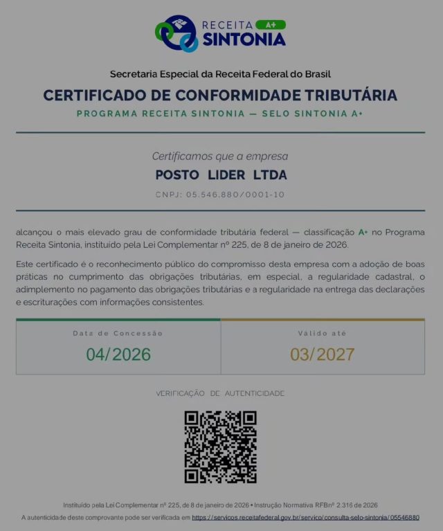 Seguimos firmes com nosso COMPROMISSO junto aos nossos clientes e toda sociedade. Desde o início do Programa Sintonia, da Receita Federal, seguimos com a nota máxima A+. 
#completanolider