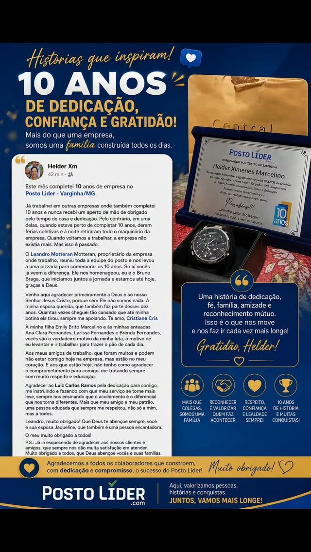 Histórias que inspiram e emocionam! Nosso muito obrigado ao @helderxm que completou 10 anos de casa. Ficamos muito felizes com sua trajetória e com essa lembrança. Que Deus lhe abençoe!